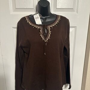NWT Cable & Guage Cocoa Brown Beaded Women's Top - Size Large